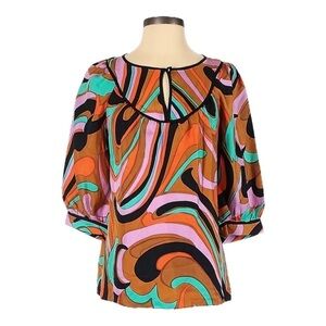 Milly of New York Retro Print Multicolor 100% Silk 3/4 Sleeve Blouse Size 2